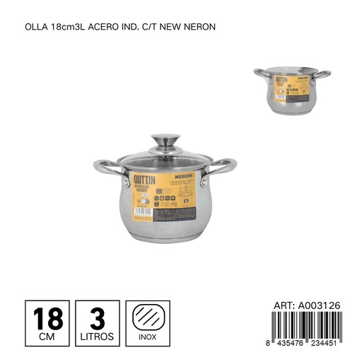 [A003126] Olla de acero inoxidable con tapa NEW NERON 18 cm 3L - Ollas y cafeteras