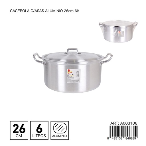 [A003106] Cacerola de aluminio con tapa de 26 cm 6L - Utensilios de cocina