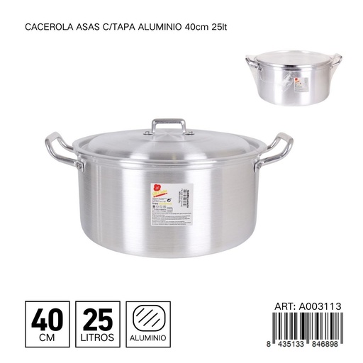 [A003113] Cacerola de aluminio con tapa 40 cm 25L - Ollas y cafeteras