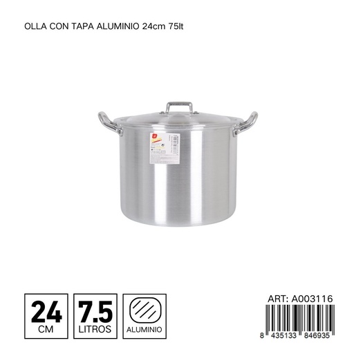 [A003116] Olla de aluminio con tapa 24 cm 7.5L - Ollas y cafeteras
