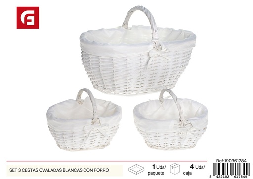 [190361784] Set de 3 cestas ovaladas blancas con forro - Cestas decorativas y funcionales