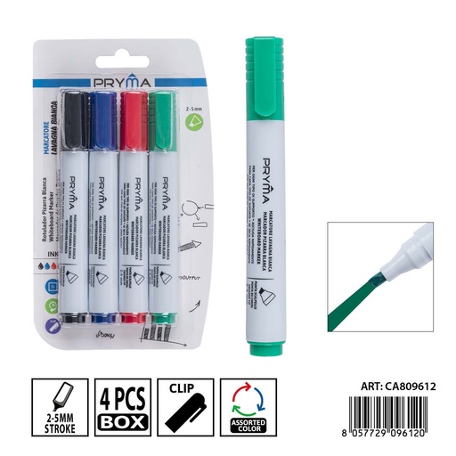 [0239552] Set de 4 marcadores de pizarra blanca PRYMA biselados de 2-5 mm en negro, rojo, azul y verde - Herramientas de escritura