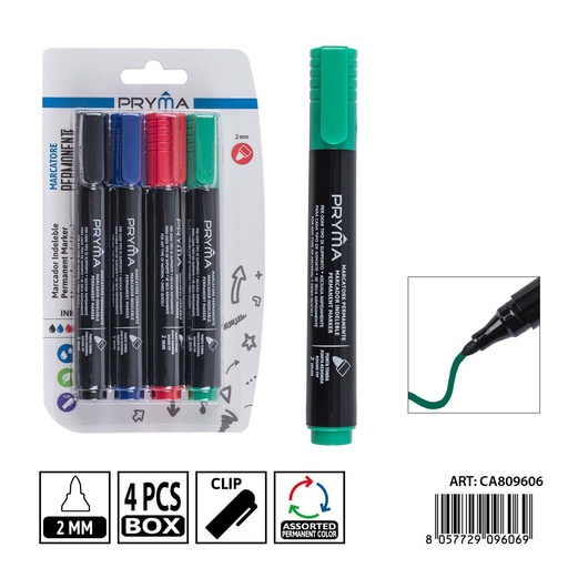 [0239546] Set de 4 marcadores permanentes PRYMA de 2 mm en negro, rojo, azul y verde - Herramientas de escritura