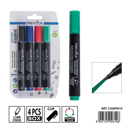 [0239548] Set de 4 marcadores permanentes PRYMA biselados de 2-5 mm en negro, rojo, azul y verde - Herramientas de escritura