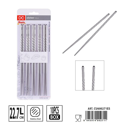 [A001836] Palillos de acero 22.7cm 10pzs - Accesorios para sushi