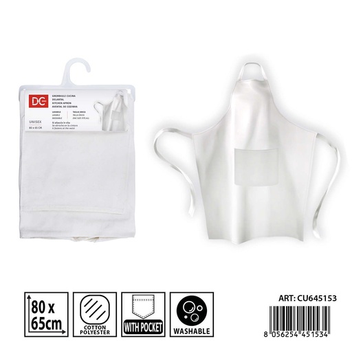 [0240296] Delantal blanco con bolsillo 80x65 cm DC CASA - Utensilios de cocina