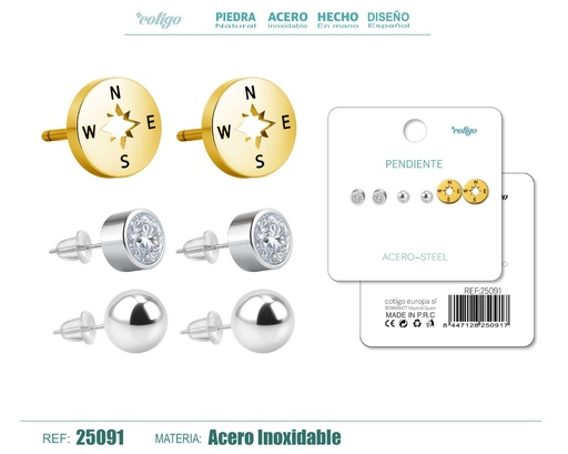 [25091] Pendientes de acero inoxidable (3 pares) - Joyería de acero y accesorios