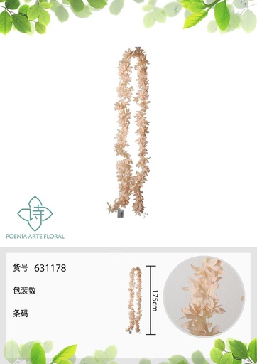 [631178-3CHAMPAN] Rama de hortensias artificiales en vid 175 cm - Decoración de muros con flores 