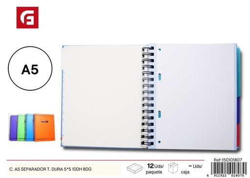 [150101807] Cuaderno A5 con separador duro 5*5 100h 80g - Material escolar