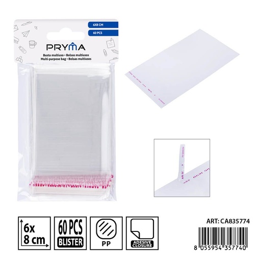 [0242384] Pack de 100 bolsas OPP 6x8 cm PRYMA con cierre adhesivo - Práctico para organización