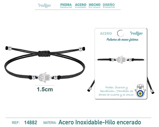 [14882] Pulsera de hilo encerado negra con mano de Fátima en acero plateado - Accesorios de bisutería