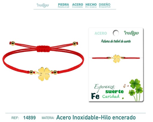 [14899] Pulsera de hilo encerado roja con trébol de la suerte en acero dorado - Accesorios de bisutería