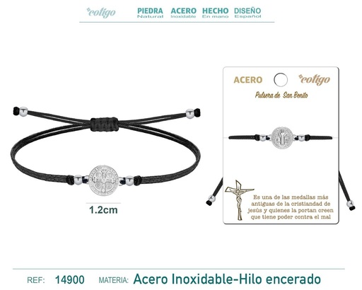 [14900] Pulsera de hilo encerado negra con San Benito en acero plateado - Accesorios de bisutería