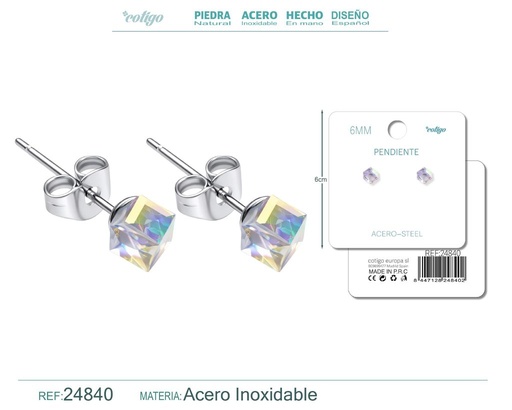 [24840] Pendiente de cristal cuadrado 6mm con accesorio de acero - Accesorios de bisutería