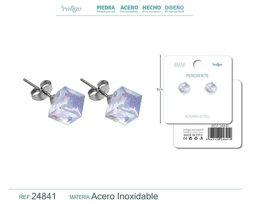 [24841] Pendiente de cristal cuadrado 8mm con accesorio de acero - Accesorios de bisutería