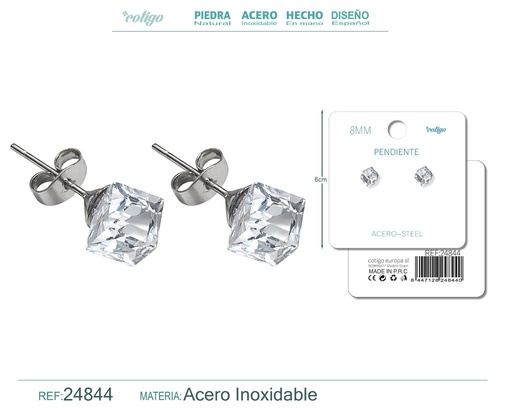 [24844] Pendiente de cristal cuadrado 8mm con accesorio de acero - Accesorios de bisutería