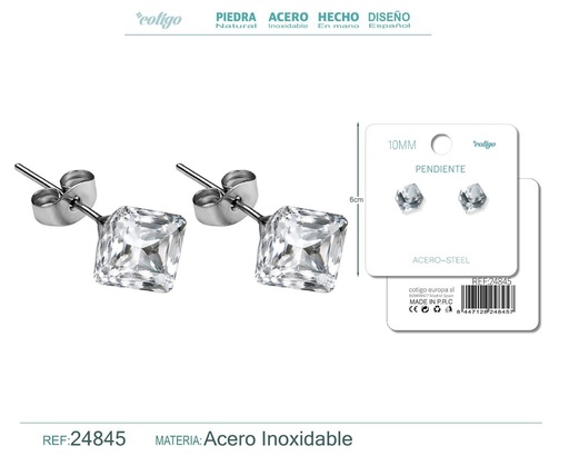 [24845] Pendiente de cristal cuadrado 10mm con accesorio de acero - Accesorios de bisutería