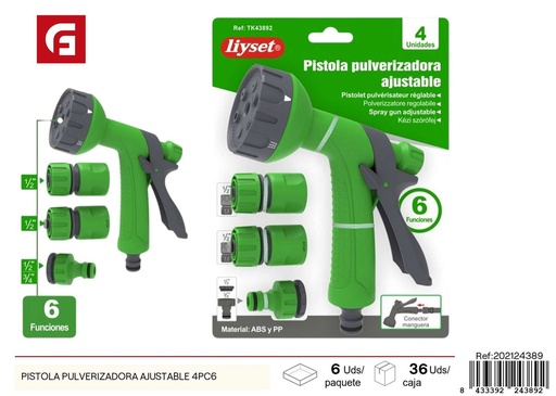 [202124389] Pistola pulverizadora ajustable (4 piezas, 6 funciones) - Accesorios de jardín