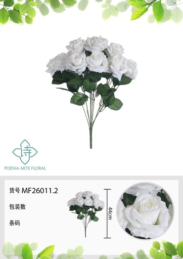 [MF26011.2] Rama artificial de rosa 9 cabezales 45 cm blanca - Planta decorativa