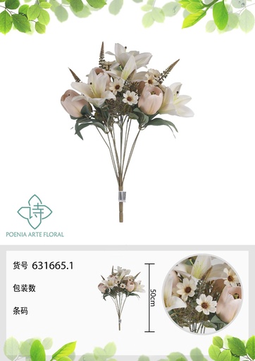 [631665.1] Ramo artificial de 12 cabezas de lirios de otoño y tulipanes decorativos 50 cm - Arreglos florales artificiales