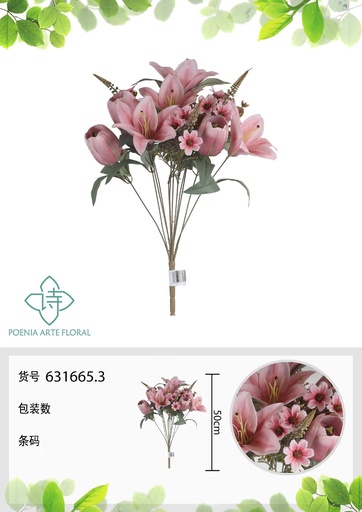 [631665.3] Ramo artificial de 12 cabezas de lirios de otoño y tulipanes decorativos 50 cm - Arreglos florales artificiales