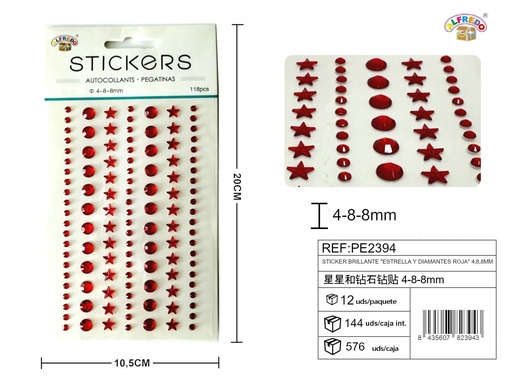 [PE2394] Sticker brillante "estrella y diamantes rojos" 4, 8, 8 mm - 118 piezas, 10.5x20 cm - Decoraciones artesanales con brillos