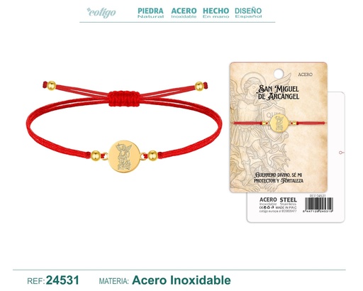 [24531] Pulsera de hilo encerado con San Miguel Arcángel de acero dorado - Joyería religiosa y de santos