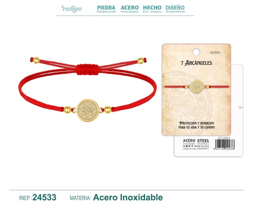 [24533] Pulsera de hilo encerado con 7 arcángeles de acero dorado - Joyería religiosa y de santos