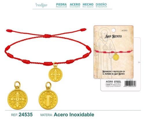 [24535] Pulsera de 7 nudos con San Benito de acero dorado - Joyería religiosa y de santos