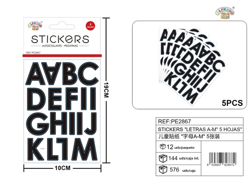 [PE2867] Stickers "Letras A-M" 5 hojas 10x19 cm - Juego de pegatinas decorativas