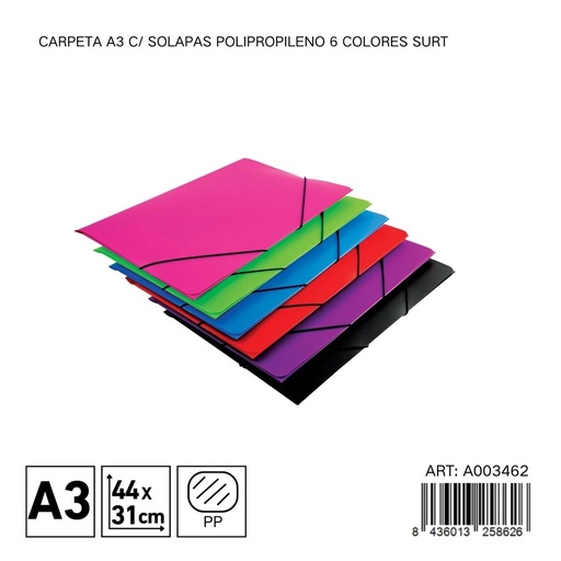 [A003462] Carpeta A3 con solapas polipropileno 6 colores surtidos - Material de organización