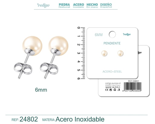 [24802] Pendiente de perla redonda de 6 mm con accesorio de acero - Joyería y accesorios