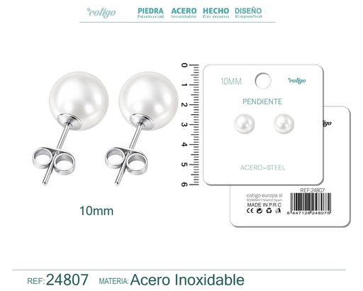 [24807] Pendiente de perla redonda de 10 mm con accesorio de acero - Joyería y accesorios