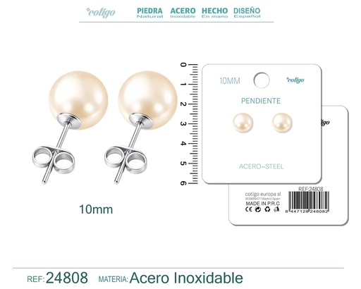 [24808] Pendiente de perla redonda de 10 mm con accesorio de acero - Joyería y accesorios