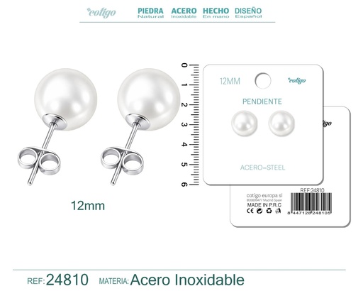 [24810] Pendiente de perla redonda de 12 mm con accesorio de acero - Joyería y accesorios