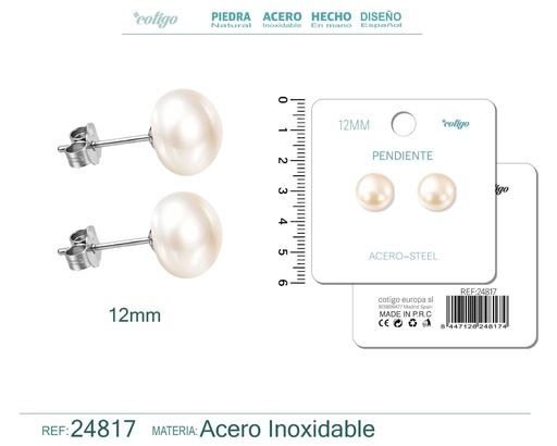 [24817] Pendiente de perla ovalada de 12 mm con accesorio de acero - Joyería y accesorios
