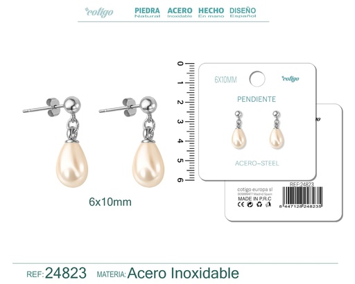 [24823] Pendiente de perla gotita de 6x10 mm con accesorio de acero - Joyería y accesorios