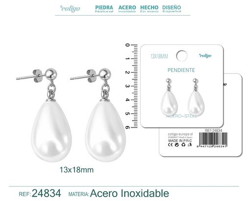 [24834] Pendiente de perla gotita de 13x18 mm con accesorio de acero - Joyería y accesorios