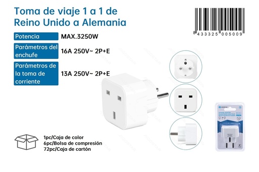 [171000500] Toma de viaje 1 a 1 de Reino Unido a Alemania - Adaptadores de enchufe para viajeros