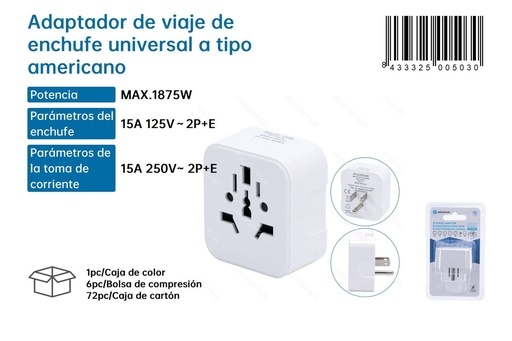 [171000503] Adaptador de viaje de enchufe universal a tipo americano - Adaptadores de enchufe para viajeros