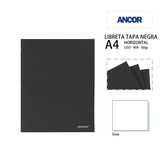 [A000979] Libreta tapa negra A4 hojas lisas 80h/60g - Cuadernos y papelería