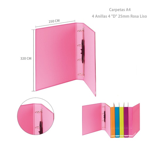 [A000921] Carpetas A4 4 anillas 4 "D" 25 mm rosa liso - Papelería
