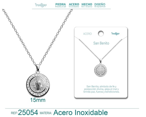 [25054] Colgante de San Benito de acero plateado - Joyas religiosas y colgantes