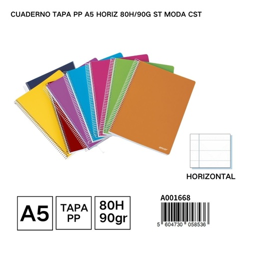 [A001668] Cuaderno A5 con tapa de plástico horizontal 80 hojas 90g para escritura