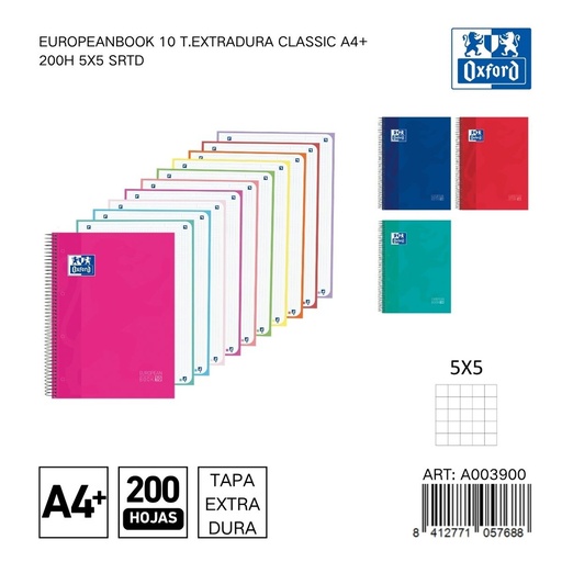 [A003900] Cuaderno Oxford A4+ extra duro 10 colores 5x5 - Papelería y útiles de oficina