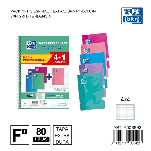 [A003892] Cuaderno Oxford C.espiral T.extradura 4x4 5 unidades - Papelería y material escolar