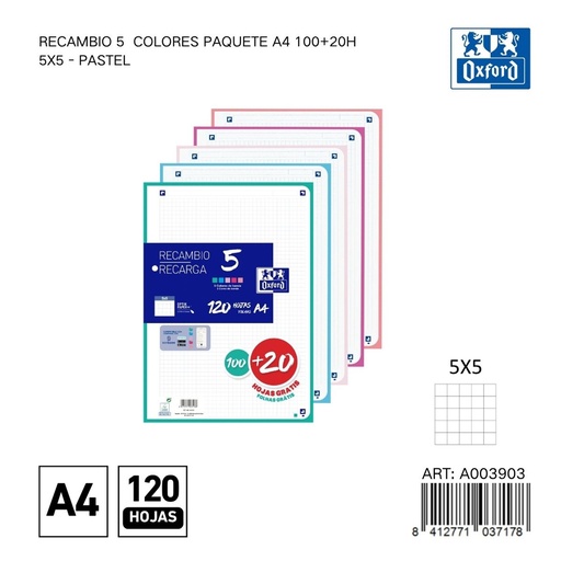 [A003903] Recambio A4 120 hojas 5x5 Oxford - Papelería y material escolar