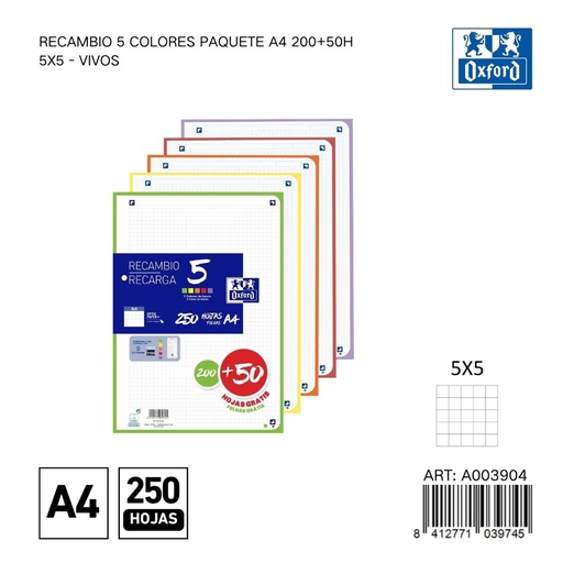 [A003904] Recambio A4 250 hojas 5x5 Oxford - Papelería y material escolar
