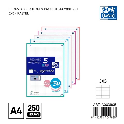 [A003905] Recambio A4 250 hojas 5x5 Oxford - Papelería y material escolar