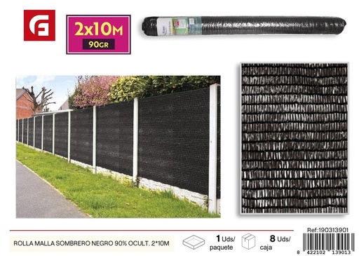 [190313901] Rollo de malla de sombreo negro 90% ocultación 2x10m - Accesorios de jardín y mallas de sombra